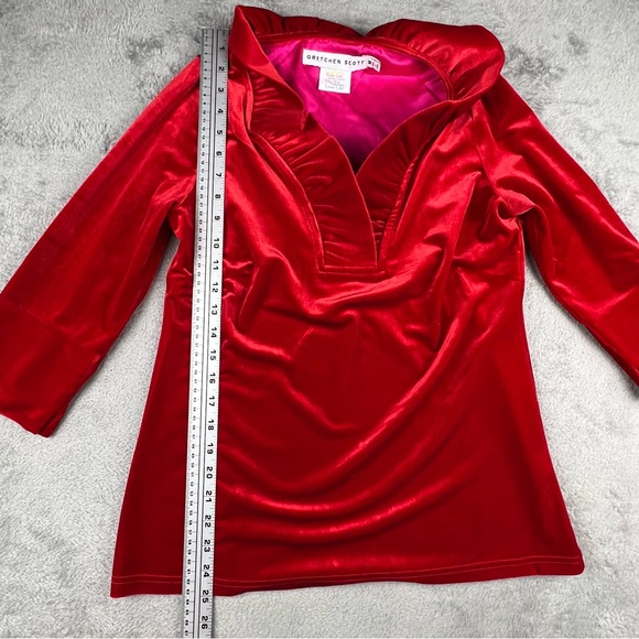Gretchen Scott Shirt Womens Medium Red Velvet Ruffle Collar Tunic Top Holiday - Picture 3 of 8